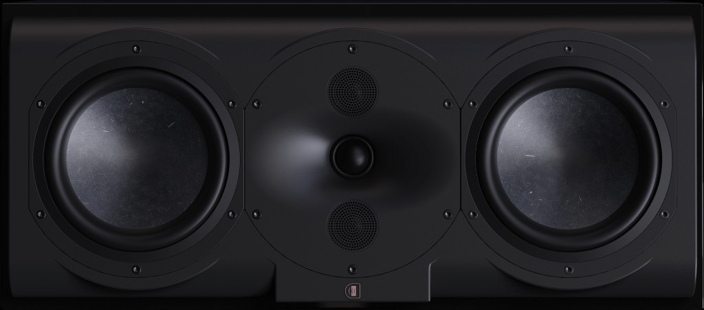 Perlisten center channel speaker with dual woofers and waveguide tweeter array