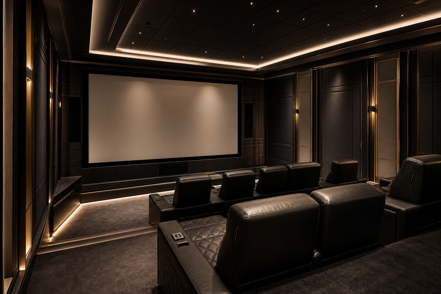 Luxury dedicated home theatre with cinema speakers and Dolby Atmos layout