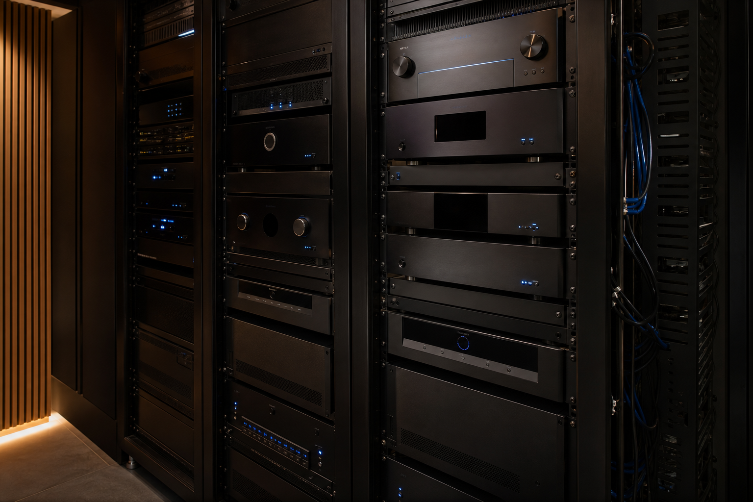 Premium AV receiver, cinema processor and power amplifiers in a professional rack