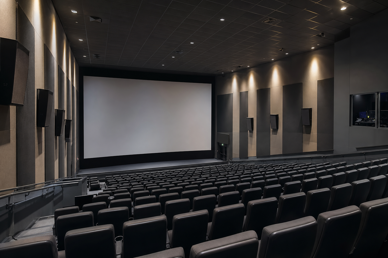 Large commercial multiplex cinema with stadium seating and projection booth
