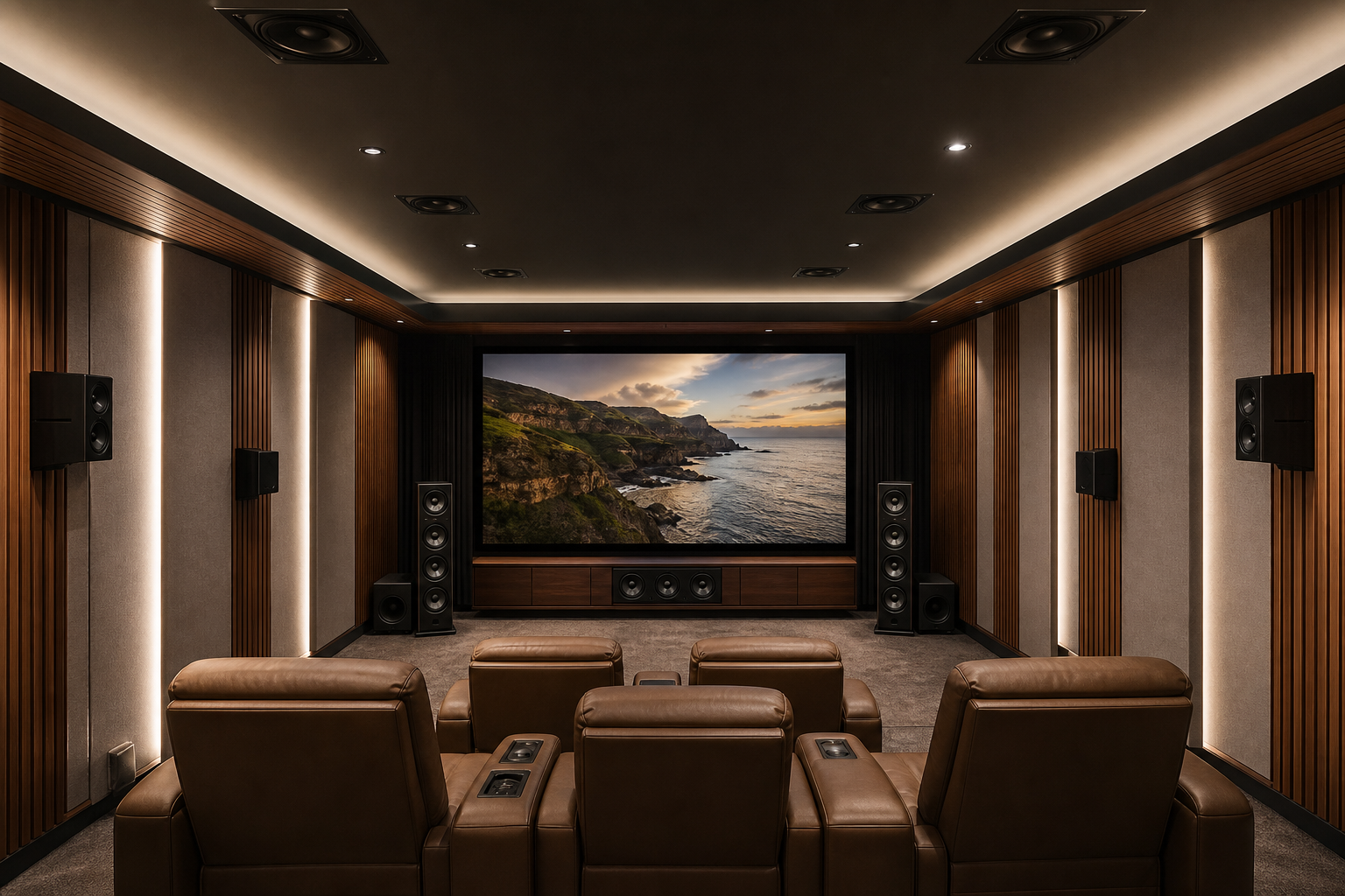 Dolby Atmos immersive sound room with overhead height speakers and surrounds